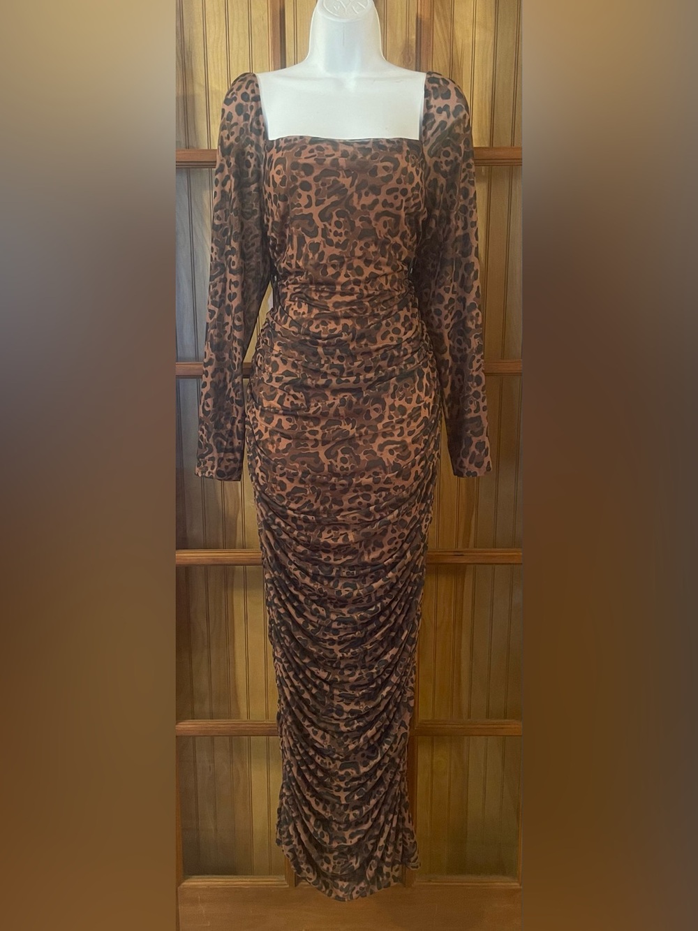 VENUS Brown Leopard-Print Ruched Long Sleeve Maxi Dress
